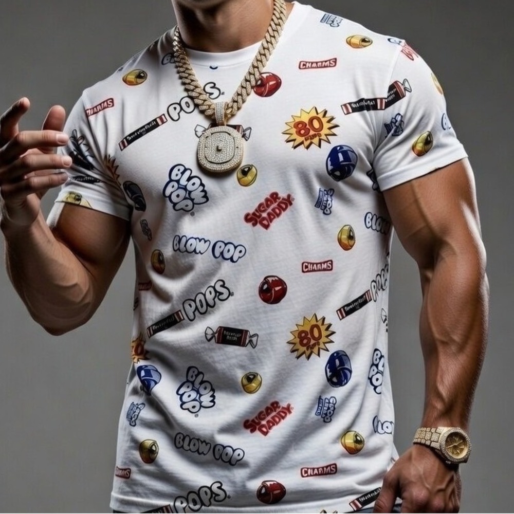 Lot29 Mens Candy All Over Print T-Shirt White Y2K Blow Pop Tootsie Roll Large